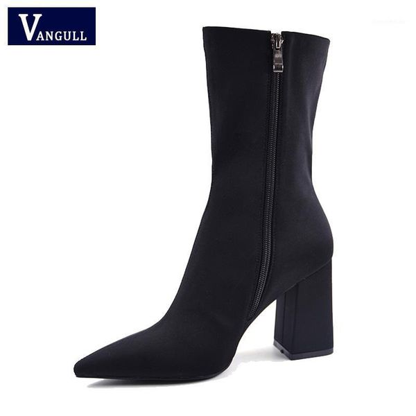 

boots vangull ankle elastic sock women 2021 autumn stretch chunky high heels square 9cm female booties pointed toe1, Black