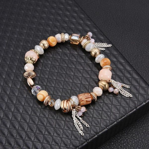 

bohemian multilayer imitation bead bracelet blue orange crystal beads bangle tassel elastic bracelets bangles set women gifts, Black