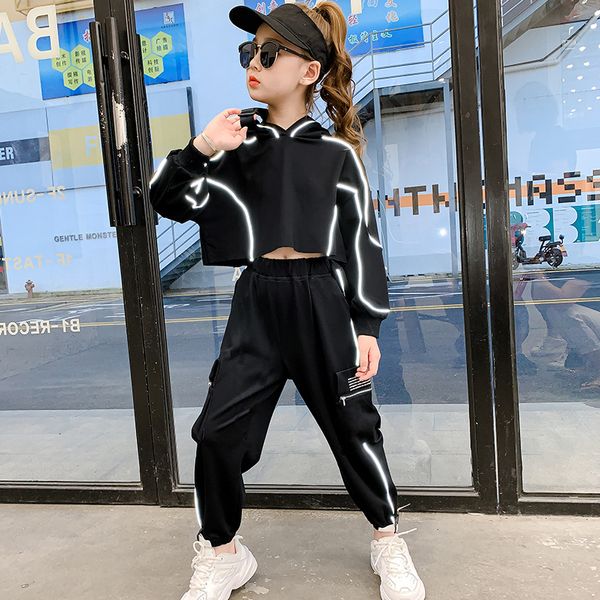 Miúdos Girls Sets Black Hoodie Sweatshirts Refletivo Sweatpant 2 Pcs Suits Harem Calças Esportes Outfits Hip Hop Tracksuit 2020x1019