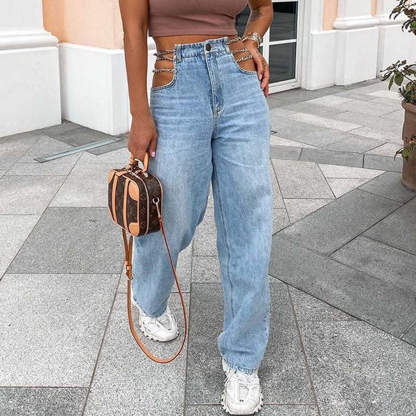 

autumn and winter 2021 new high waist jeans women's washing hollow chain straight bobbin pants