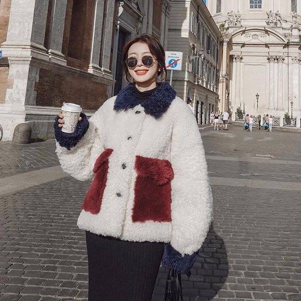 

women's fur & faux 2021 autumn winter female jacket loose thickened casual contrasting lamb hair all-match wool short women coat a89, Black