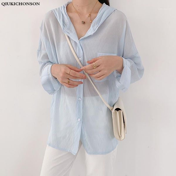 

women's blouses & shirts hooded summer cardigan plus size women long shirt 2021 korean fashion pocket low-high design sun-proof sleeve, White