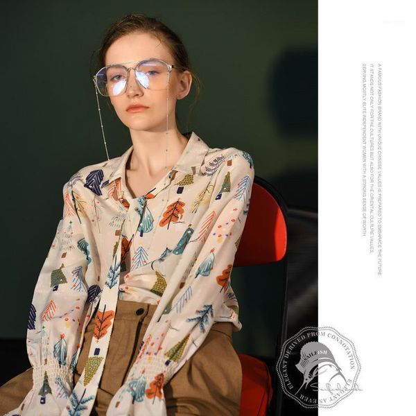 

butterfly tree floral silk blouse for women long sleeve plus size casual office dress shirts loose dropship1, White