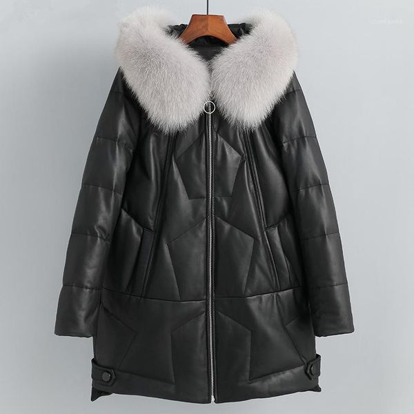 

2020 women's genuine leather jacket winter duck down jacket hooded fur collar 100% sheepskin coat female warm1, Black