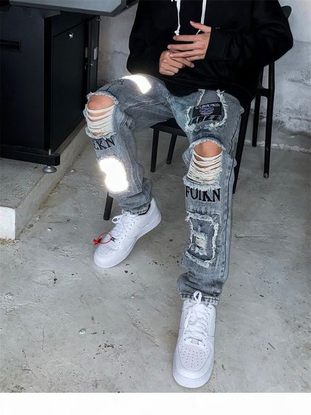 

spring mens patch hole jeans letter printed applique fashion male trousers reflective zipper fly solid boys streetwears, Blue