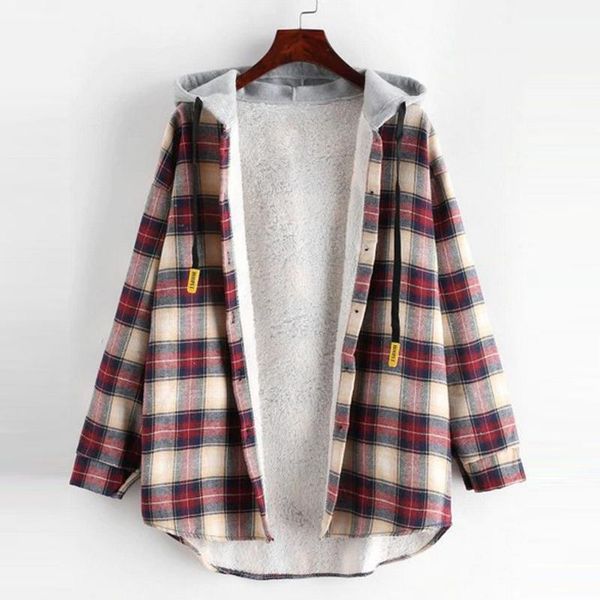 

woman jacket 2021 women's casual long sleeve plaid buttoned curved hem hooded warm coat jacket chaquetas de mujer manteau femme1, Black;brown