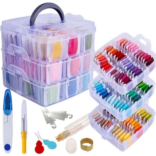 

embroidery floss set, 150 colors cross stitch friendship bracelets thread with floss bins and 37 pcs cross stitch tool, Black;white
