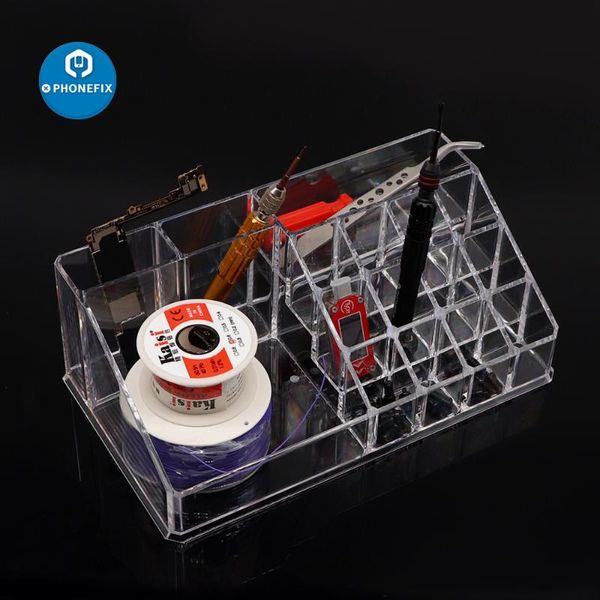 

multi-function transparent phone repair tools box screwdriver tweezers solder wire electronic repair parts container storage box