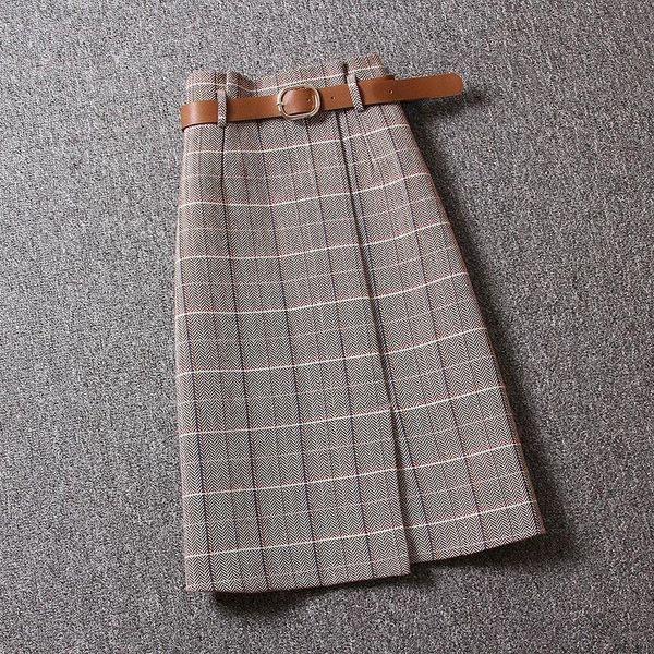 

skirts autumn women's vintage a line sheath skirt female high waist slim plaid sashes long fashion for women, Black