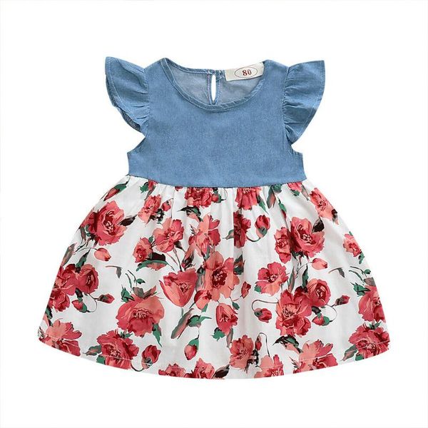 

girl's dresses kid baby girls floral denim dress summer sleeve sundress clothes, Red;yellow
