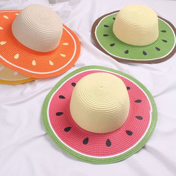 

summer parent-child beach hat panama hat lady brand women watermelon modeling straw cap girls outdoor visor sun hat gorras bone y200602, Blue;gray