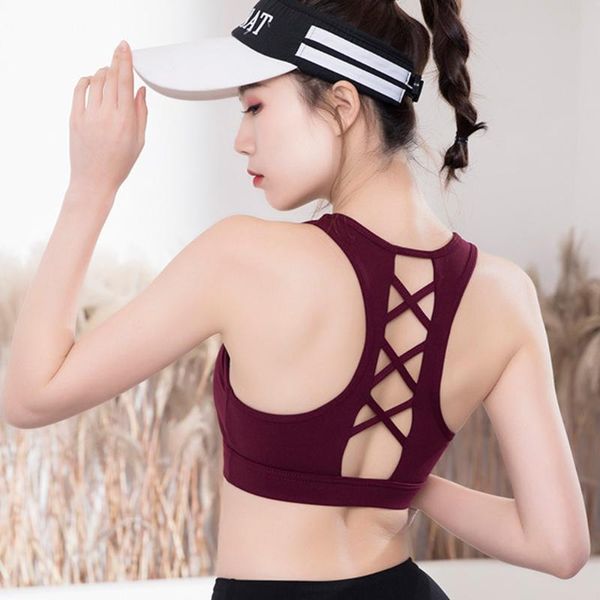 

bras sports hollow out fitness women high impact activewear with removable pads push up for gym yoga jogging clothing, Red;black