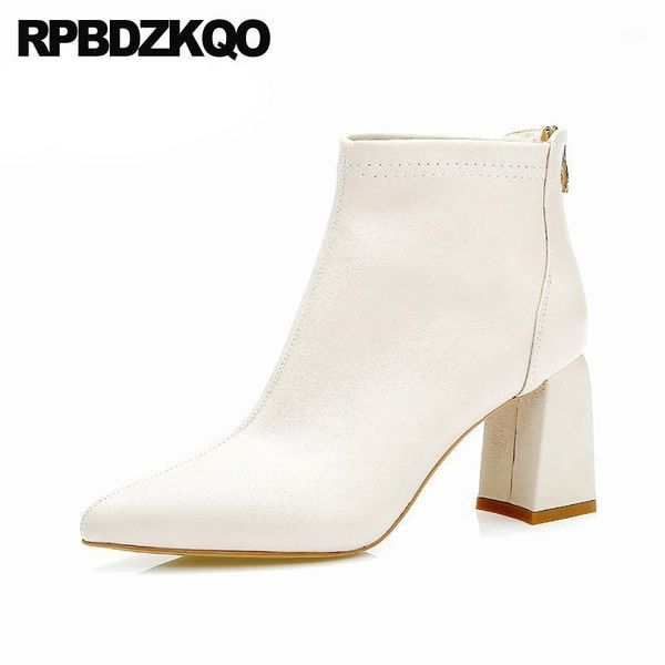 

boots booties shoes women pointed toe waterproof block winter casual chunky ankle pointy beige high heel 2021 fur1, Black