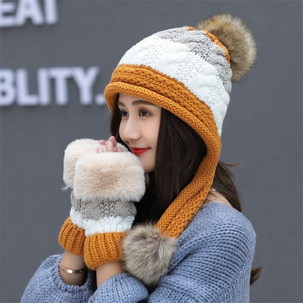 

hat winter women's mask hat for girls scarf thick warm fleece inside knitted hat scarf set 2pcs winter riding fashion hats 201215, Blue;gray