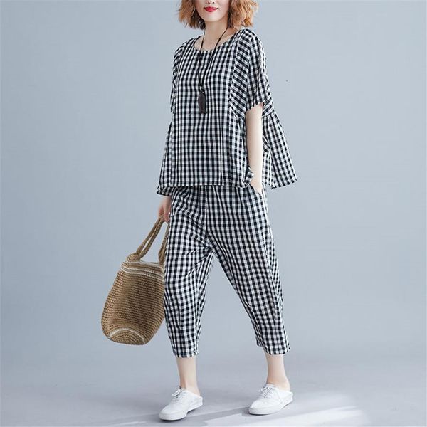 

2020 2 piece sets tracksuits women plus size plaid short sleeve t-shirts and pants casual fashion sport suits 5xl, Gray
