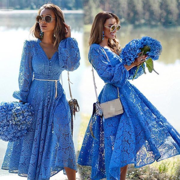 

2021 fall new european and american fashion elegant lace hollow long sleeve v-neck dress blue dress, Black;gray
