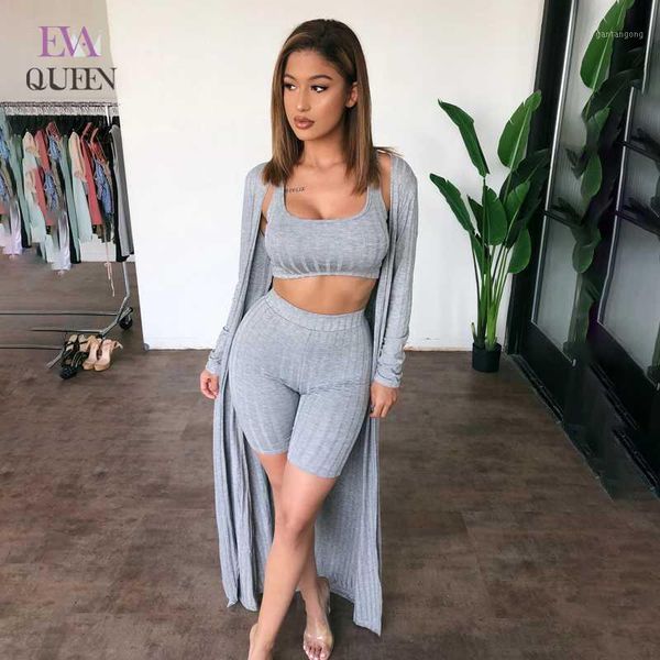 

evaqueen autumn winter knitted 3 pieces set for women sleeveless short and knee length pants long coat set casual women 20201, Gray