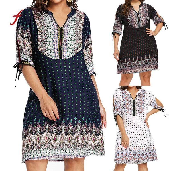 Feitong Plus Size L-5XL Kleid Damen Casual Design Knöpfe Geometrisch Split Sleeve Kleid V-Ausschnitt Lose Knielange Kleider /PY T190608