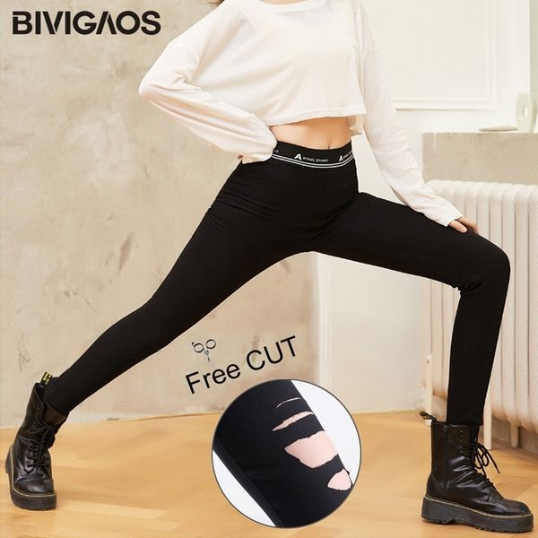 BIVIGAOS Neue Plus Size Damen Schwarze Leggings Bleistifthose Free Cut Stoff Magic Pants Buchstaben Hohe Taille Stretchhose Damen 201203