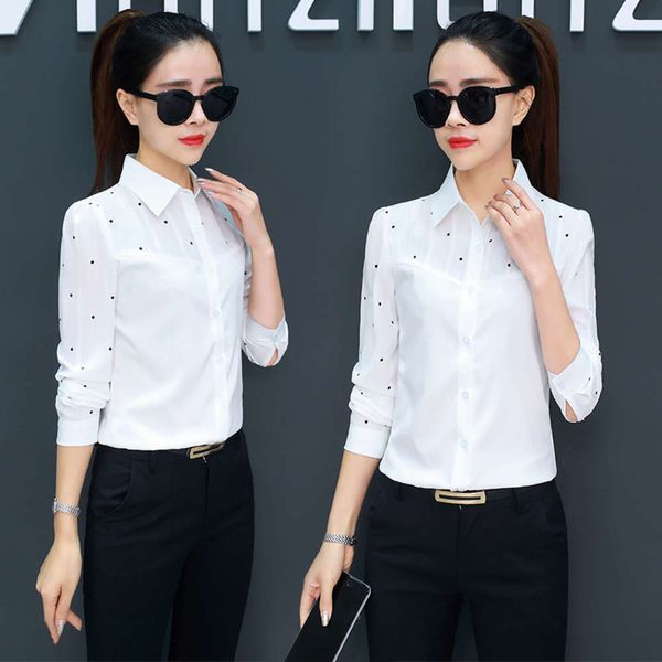

2021 spring new white shirt women's korean slim wave dot long sleeve chiffon busins top