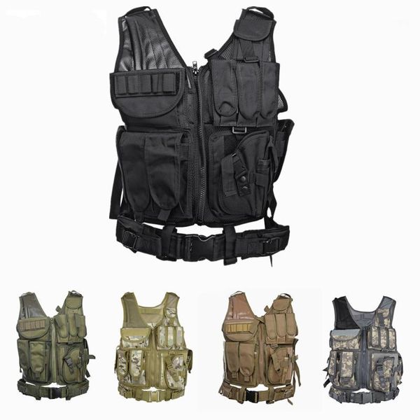 

hunting jackets men tactical vest paintball camouflage molle assault shooting plate carrier with holster1, Camo;black
