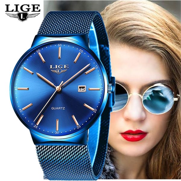 

lige womens watches brand luxury analog quartz watch women full blue mesh stainless steel date clock fashion ultra-thin dial t200502, Slivery;brown