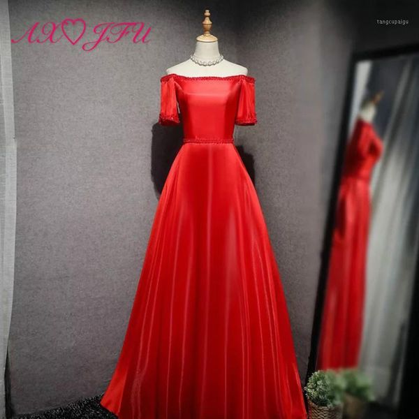 

axjfu luxury princess red satin bride evening dress vintage boat neck short sleeves beading crystal navy blue evening dress1, White;black