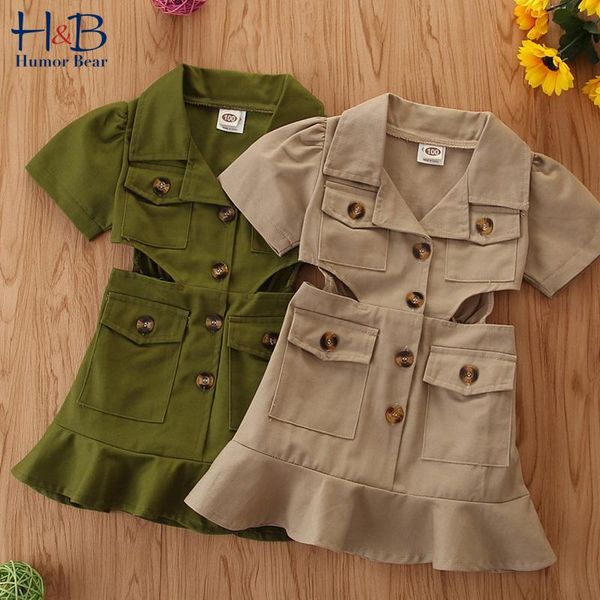 

humor bear summer girls fishtail dress european&american children's single-breasted short-sleeved children tooling girl clothing, Red;yellow