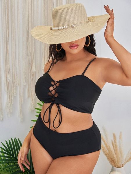

plus solid lace up bikini swimsuit z8ou#, Black