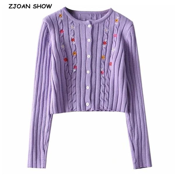 

streetwear flower embroidery knitted cropped cardigan vintage o neck twist sweater short punk korea clothes women knit kardigan, White