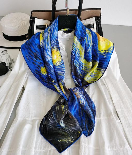 

scarves women's 100% pure silk 12mm paint printed big square scarf wrap shawl kerchief 88x88cm 34.5"x34.5" wj012-1, Blue;gray