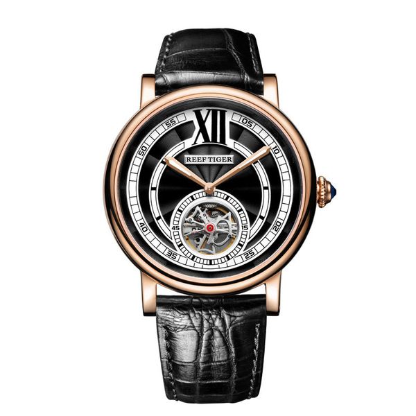 

reef tiger/rt luxury for men rose gold tourbillon automatic watches genuine leather strap rga192, Slivery;brown