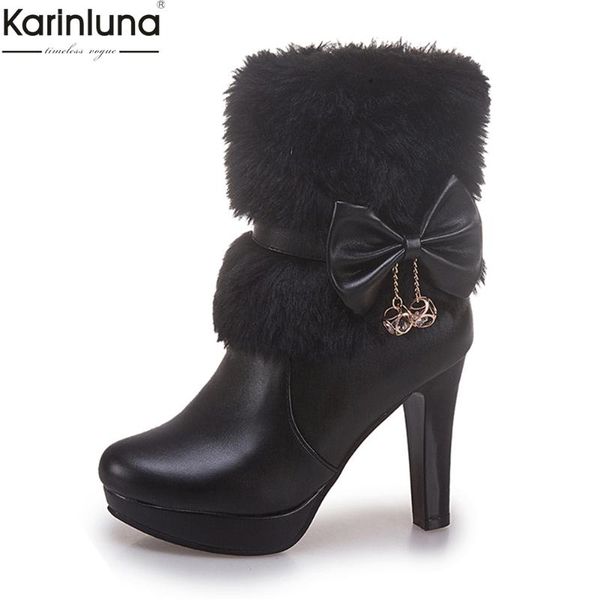 

boots karin arrivals dropship large size 32-43 winter warm plush ankle woman shoes sweet bow lady female, Black