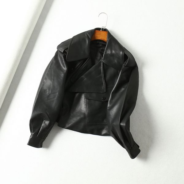

2021 new high-quality spring women jacket from false rider neck high turndown street leather jackets outerwear isil, Black