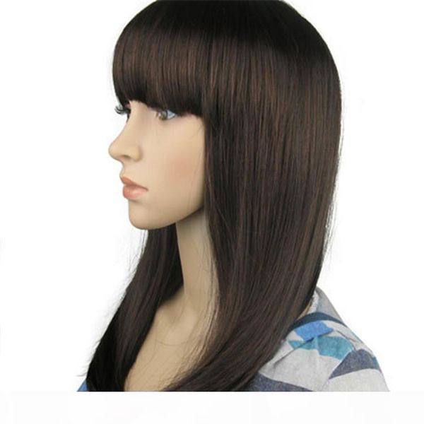 

tangle 100% unprocessed virgin remy human hair natural straight bangs natural color long full lace wig for women, Black;brown