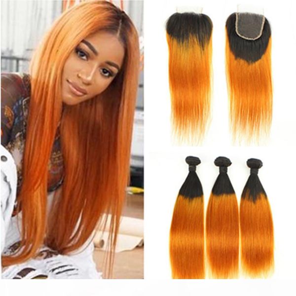 

orange ombre brazilian human hair 3bundles with closure straight #1b orange ombre virgin hair weave wefts dark roots with 4x4 lace closure, Black;brown