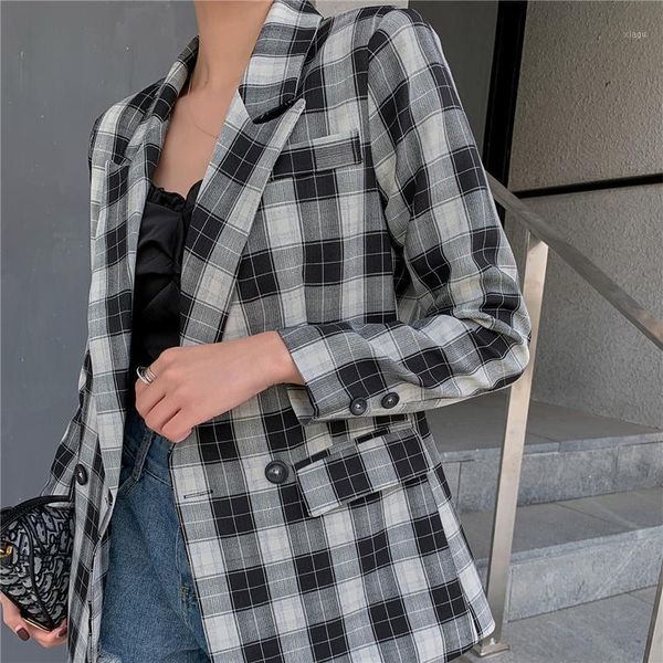 

vintage black plaid long blazers women loose single button coat casual full sleeve suit jacket female 2021 spring1, White;black