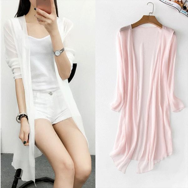 

rylanguage summer chiffon blouse pink cardigan sun protection clothing long blouse beach white female fashion feminino