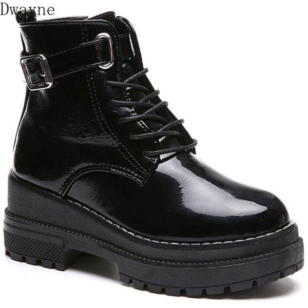 

bright leather martin boots platform waterproof platform slope with high shoes women short boots 2020 autumn and winter new, Black