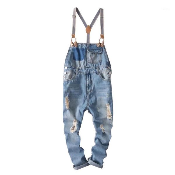 Erkek kot hip hop sokak kıyafeti önlük pantolon genel jean moda erkek tulumlar erkek denim tulum için yırtık1