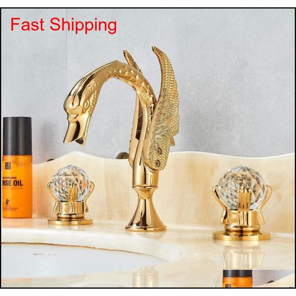 

wholesale and retail widespread bathroom sink tap polished gold swan two glass handles 3 hole qylbaq bdesports