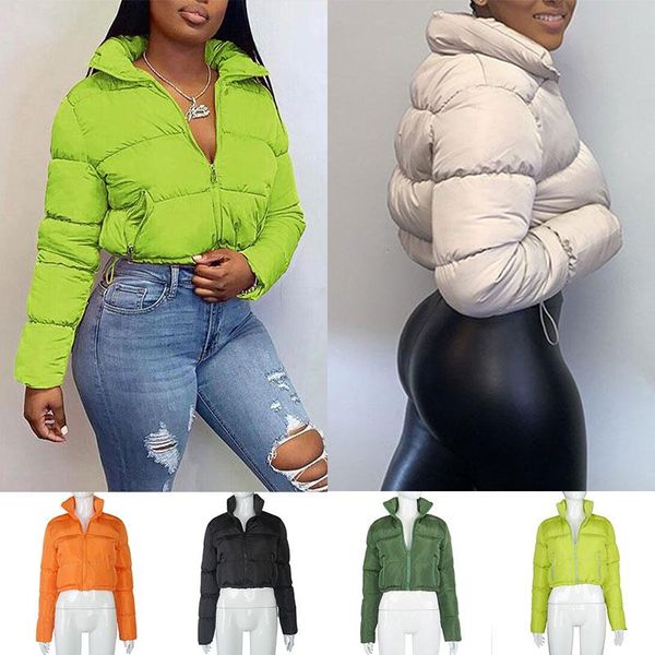 

casual overcoat short fashion coat solid winter warm outwear stand collar parkas bubble women coat crop puffer jacket, Black