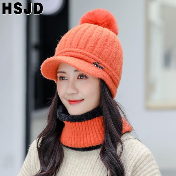 

winter women knitted beanie visor hat scarf 2 pieces set thick warm beanies skullies hat plain knit stripe bonnet female caps, Blue;gray