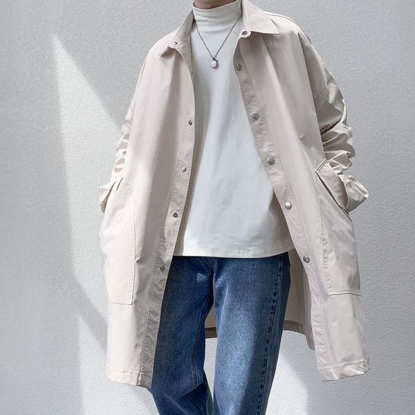 

autumn korean style trench men's fashion solid color casual long coat men streetwear wild loose windbreaker jacket mens overcoat, Tan;black