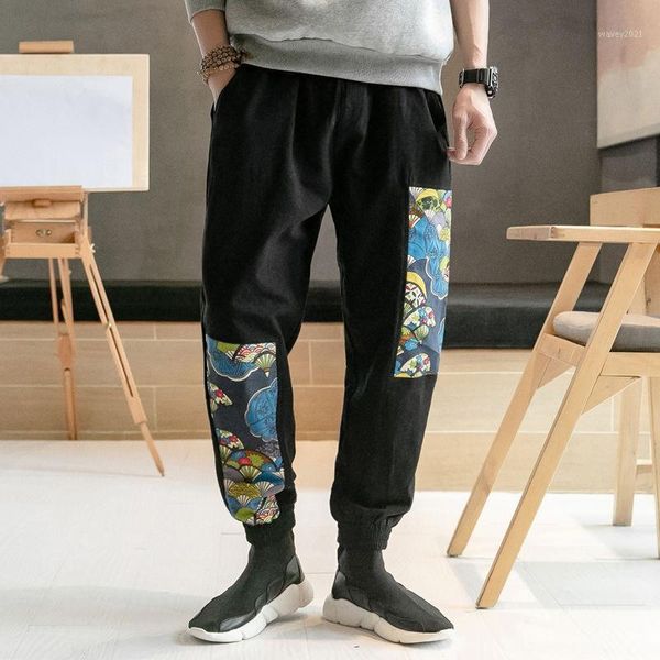 

men's pants pant m-6xl men chinese style cotton linen nine-point streetwear casual board 2021 autumn large size harem male1, Black
