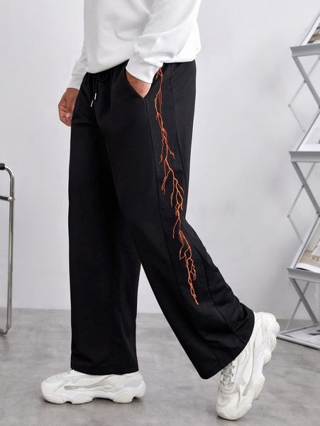 

men lightning print drawstring waist sweatpants a1q2#, Black