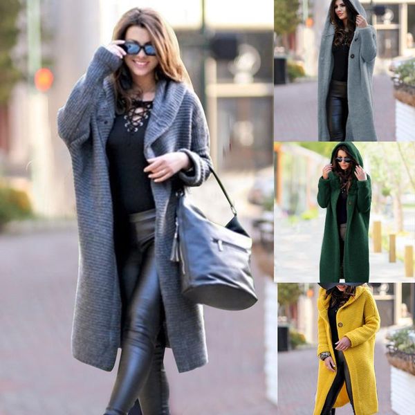 

women knitted cardigans winter casual solid loose open stitch long sweater fashion hooded button female streetwear cardigans, White