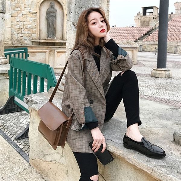 

autumn vintage double breasted office ladies plaid blazer longsleeve loose retro suits coat jacket women blazers female y201026, White;black