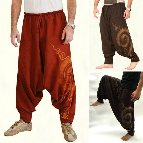 

vintage men pants harem elastic casual baggy yoga harem pants hip-hop men gypsy cotton linen wide-legged loose drawstring1, Black