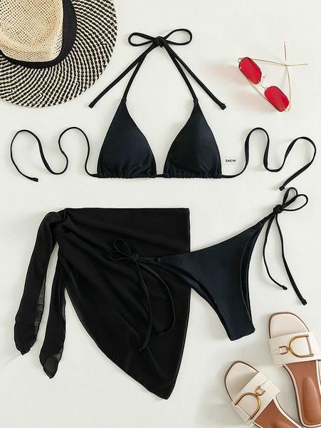 

3pack triangle thong bikini swimsuit & beach skirt g3ij#, White;black
